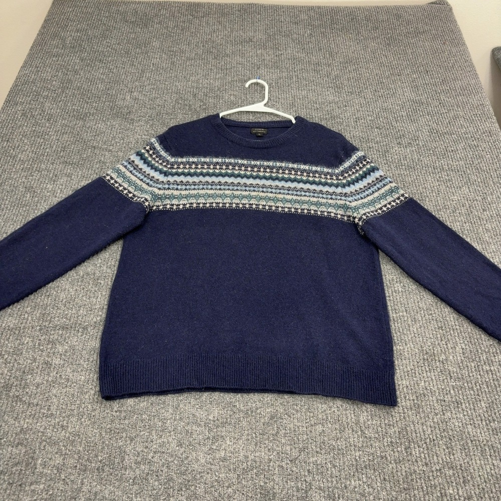 J Crew Sweater Mens L Navy Blue Lambswool Fair Isle Crewneck Preppy Classic